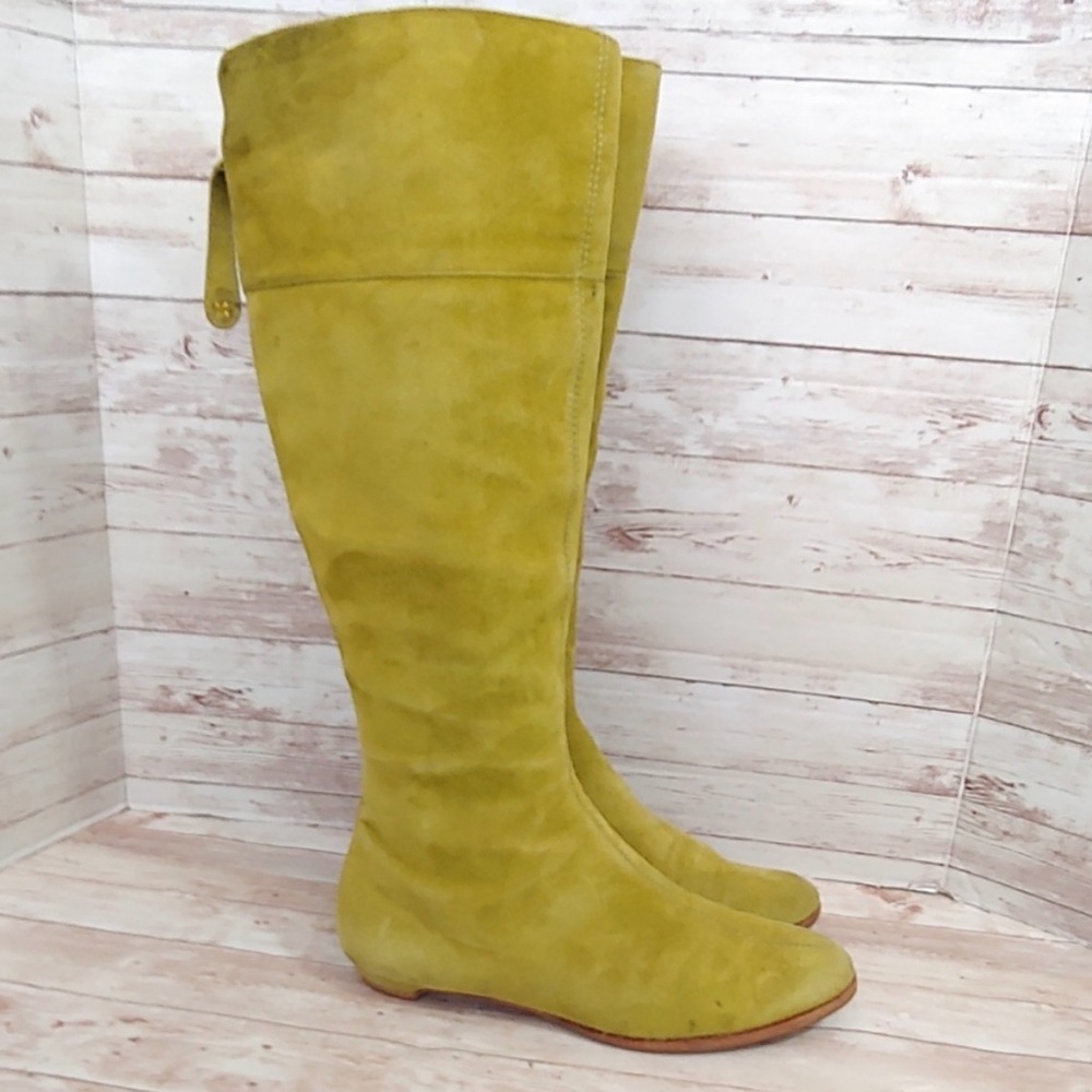 Vintage Jimmy Choo Chartreuse flat Knee-High Suede Boots - Picture 3 of 5